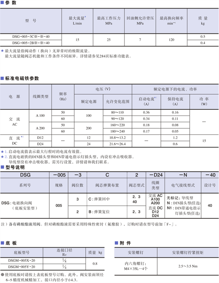 DSG-005系列电磁换向阀型号说明及技术参数