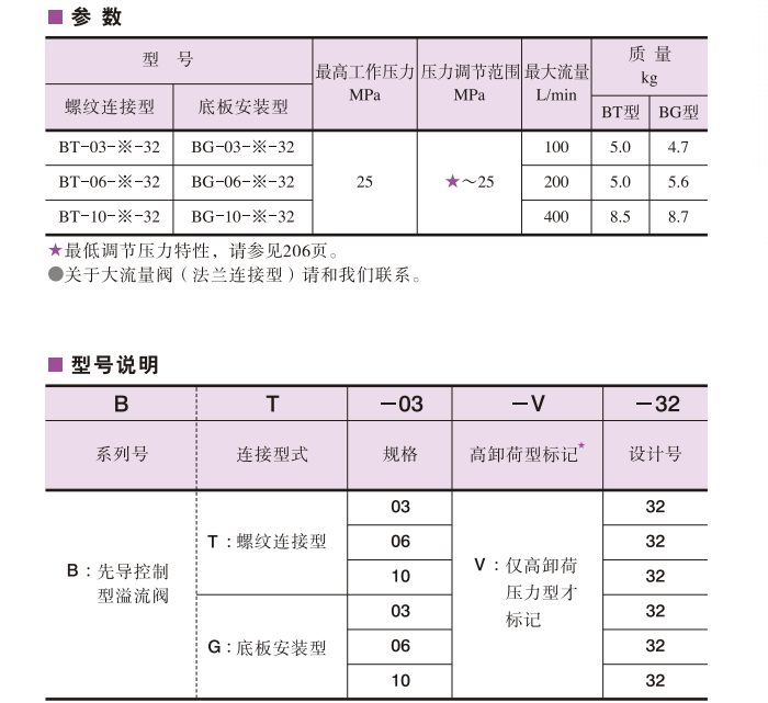 BT/BG系列先导控制溢流阀参数及型号说明